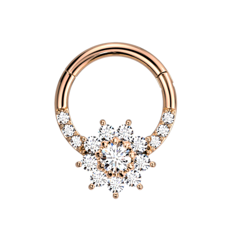 Micro anneau segment pliable or rose front cristaux argent et fleur