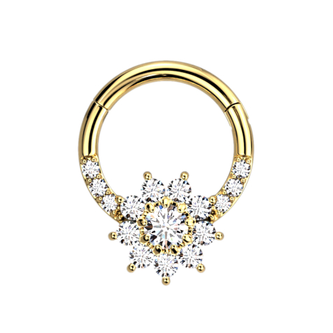 Micro anneau segment pliable doré front cristaux argent et fleur