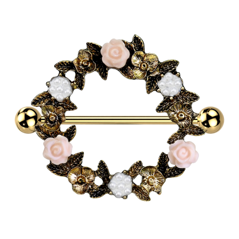 Barbell doré avec deux boules couronne de fleurs