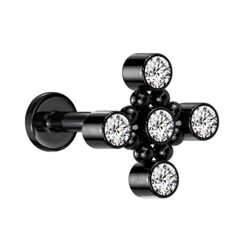 Micro Labret Internal Thread Black Square Eight Balls Five Crystals Silver