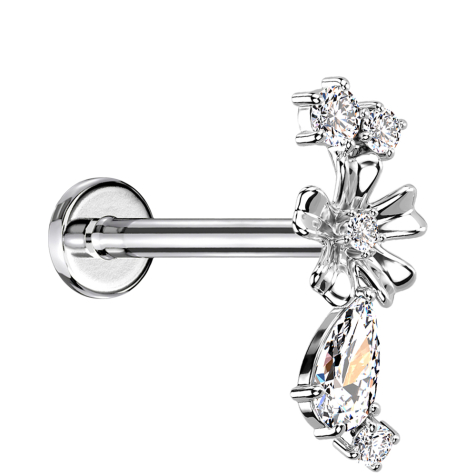 Micro labret filo interno argento fiore quattro cristalli e tappo di cristallo argento