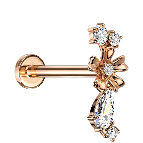 Micro labret femelle or rose fleur quatre cristaux et bouchon cristal argenté