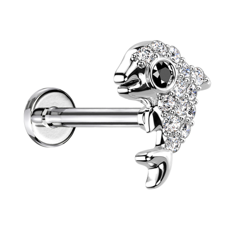 Micro labret filo interno argento delfino con cristalli argento