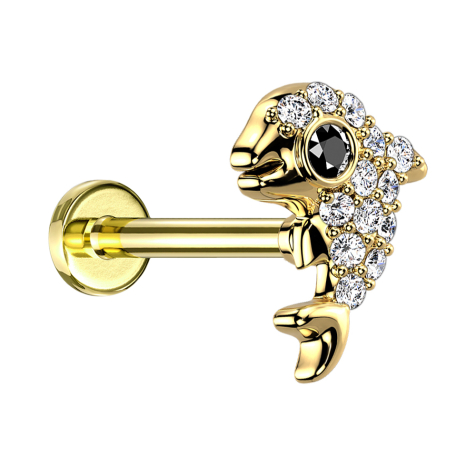 Micro labret internal thread gold-plated dolphin with crystals silver