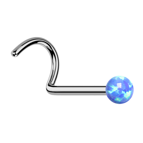 Threadless nose stud, curved, silver, opal blue