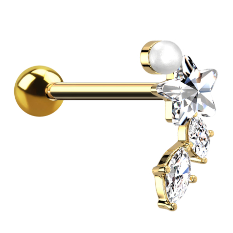 Micro barbell gold-plated pearl crystal star and two crystal drops