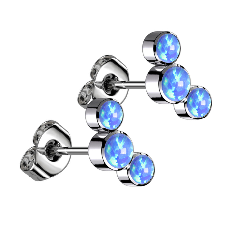 Threadless stud earrings, silver, three blue opals