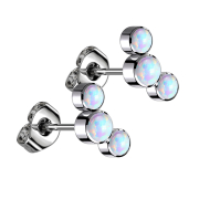 Threadless stud earrings, silver, three white opals