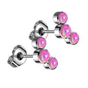 Threadless stud earrings silver three opals pink