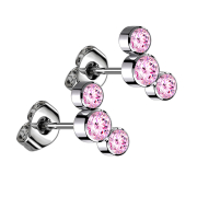 Threadless stud earrings silver three crystals pink