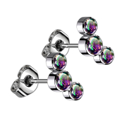 Threadless stud earrings silver three crystals dark...