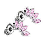 Threadless stud earrings silver fan with four pink crystals