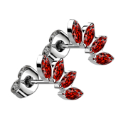 Threadless stud earrings silver fan with four red crystals