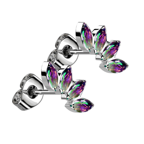 Threadless Ohrstecker silber Fächer mit vier Kristalle dunkel multicolor