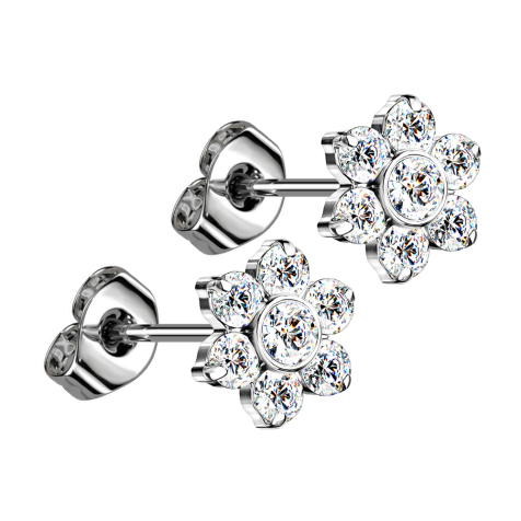 Threadless Ohrstecker silber Blume Kristalle silber