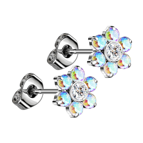 Threadless stud earrings silver flower crystals multicolor