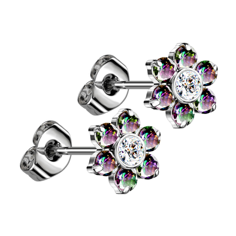 Threadless stud earrings, silver, flower, crystals, dark multicolor