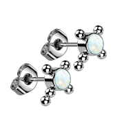 Threadless stud earrings silver cross balls opal white