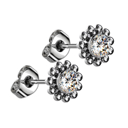 Threadless stud earrings, silver, ball flower, crystal,...