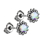Threadless stud earrings, silver, ball flower, multicolor...