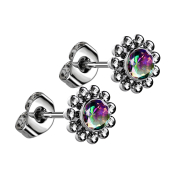 Threadless stud earrings, silver, ball flower, crystal,...