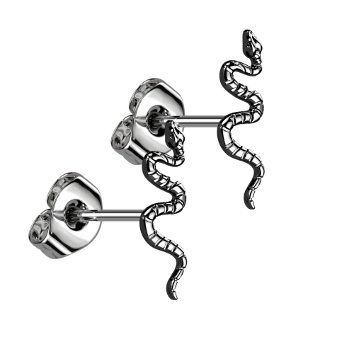 Threadless stud earrings, silver snake, black