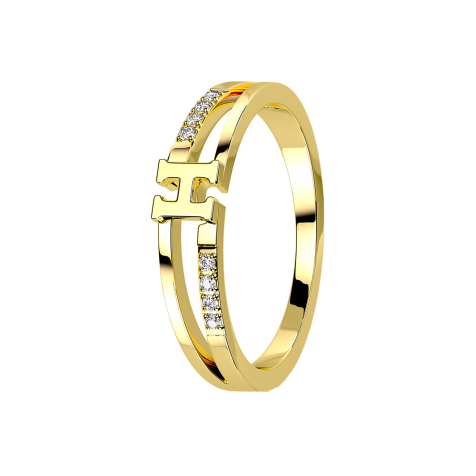 Bague dorée deux anneaux avec huit cristaux et la lettre H