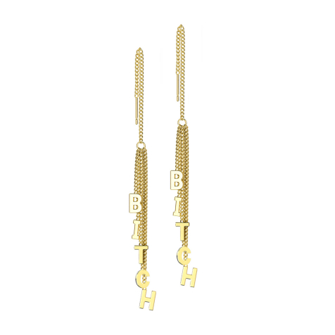 Clous doreille dorés à lor fin, chaîne à chute libre, arbre à lettres Bitch
