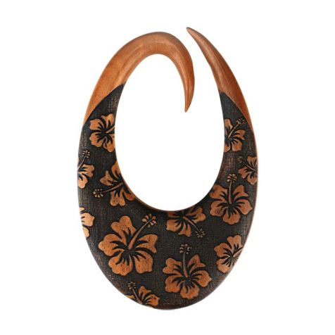 Poids doreille Gouttes en spirale Fleurs dhibiscus gravées en bois Sawo