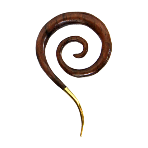 Ohrgewicht Spiralentropfen mit vergoldeter Spitze aus Narra Holz