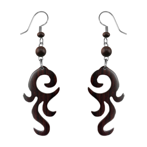 Earring spiral with flames made from Narra wood