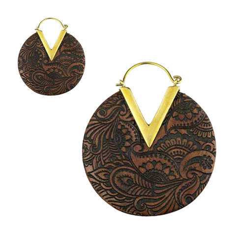 Earring gold-plated plate engraving flowers from Sawo wood