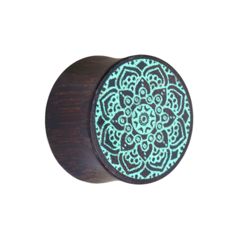 Flared Plug Mandala türkis aus Tamarind Holz