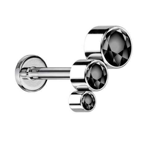 Micro Labret filettatura interna argento discendente tre cristalli neri