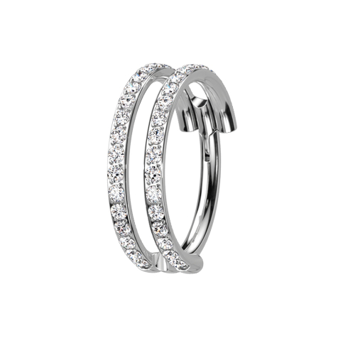 Micro bague segmentée pliable argent deux anneaux double rangée de cristaux