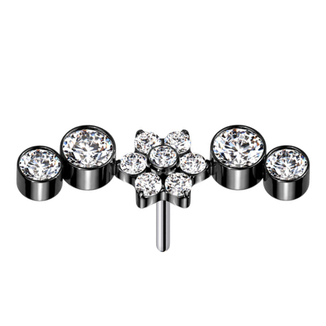 Threadless noir fleur cristaux argent quatre cristaux