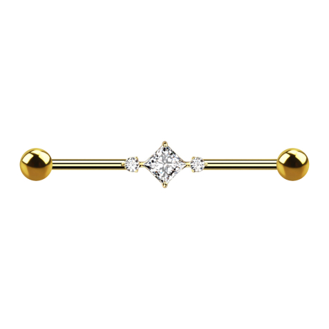 Gold-plated barbell with two spheres two round crystals one square crystal in the middle