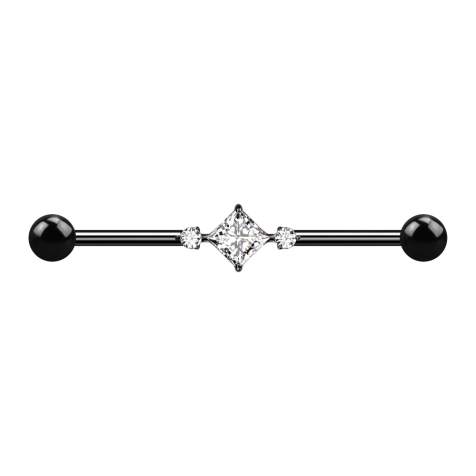 Barbell black with two spheres two round crystals one square crystal in the middle