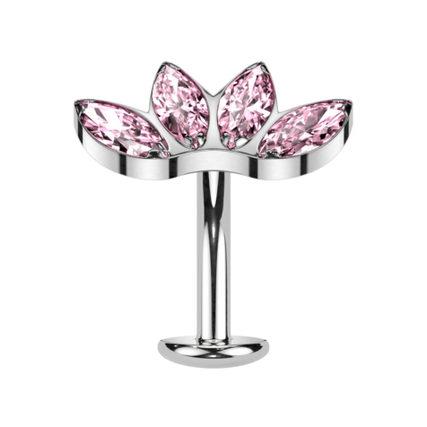 Tige labret sans filetage Banane argent Éventail argent avec quatre cristaux roses