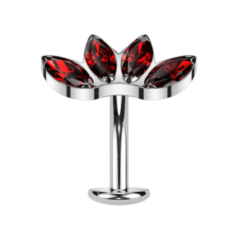 Threadless labret bar banana silver fan silver with four crystals red