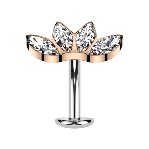 Threadless Labret Bar Banana Silver Fan Rose Gold with Four Silver Crystals