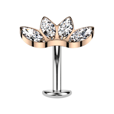 Threadless labret bar banana silver fan rose gold with four crystals silver