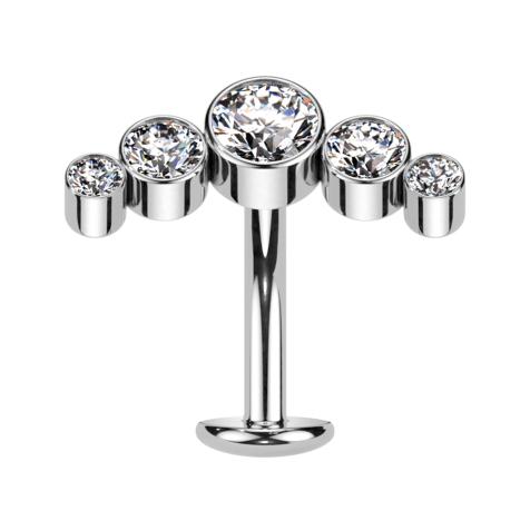 Barretta labret senza filettatura banana argento cinque cristalli argento