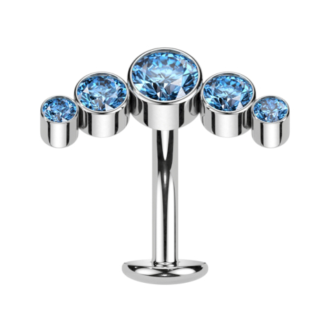 Barretta labret senza filetto banana argento cinque cristalli acquamarina