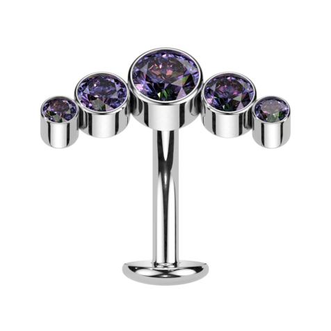 Threadless Labret-Stab Banane silber fünf Kristalle dunkel multicolor