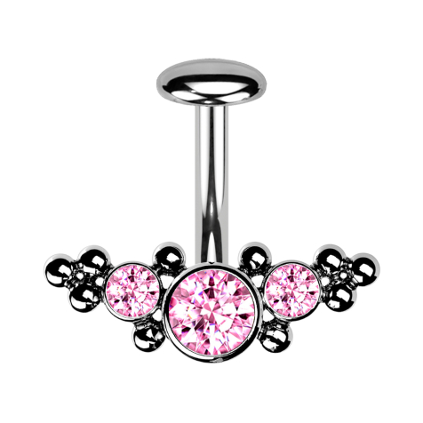 Barretta labret senza filettatura banana argento frontale centrale con sfere e tre cristalli rosa