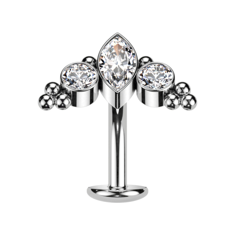 Threadless Labret-Stab Banane silber Ovaler Kristall silber und zwei Kristalle silber