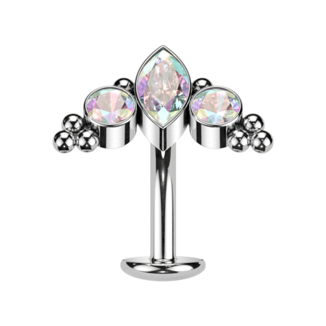 Tige labret sans filetage Banane argent Cristal ovale multicolore et deux cristaux multicolores
