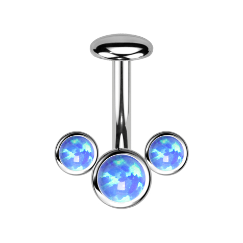 Barretta labret senza filettatura banana argento frontale tre opali blu