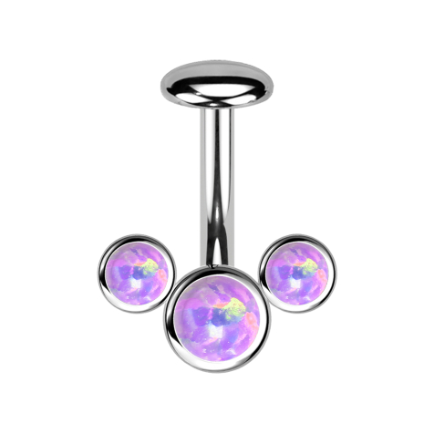 Threadless labret rod banana silver front three opals violet